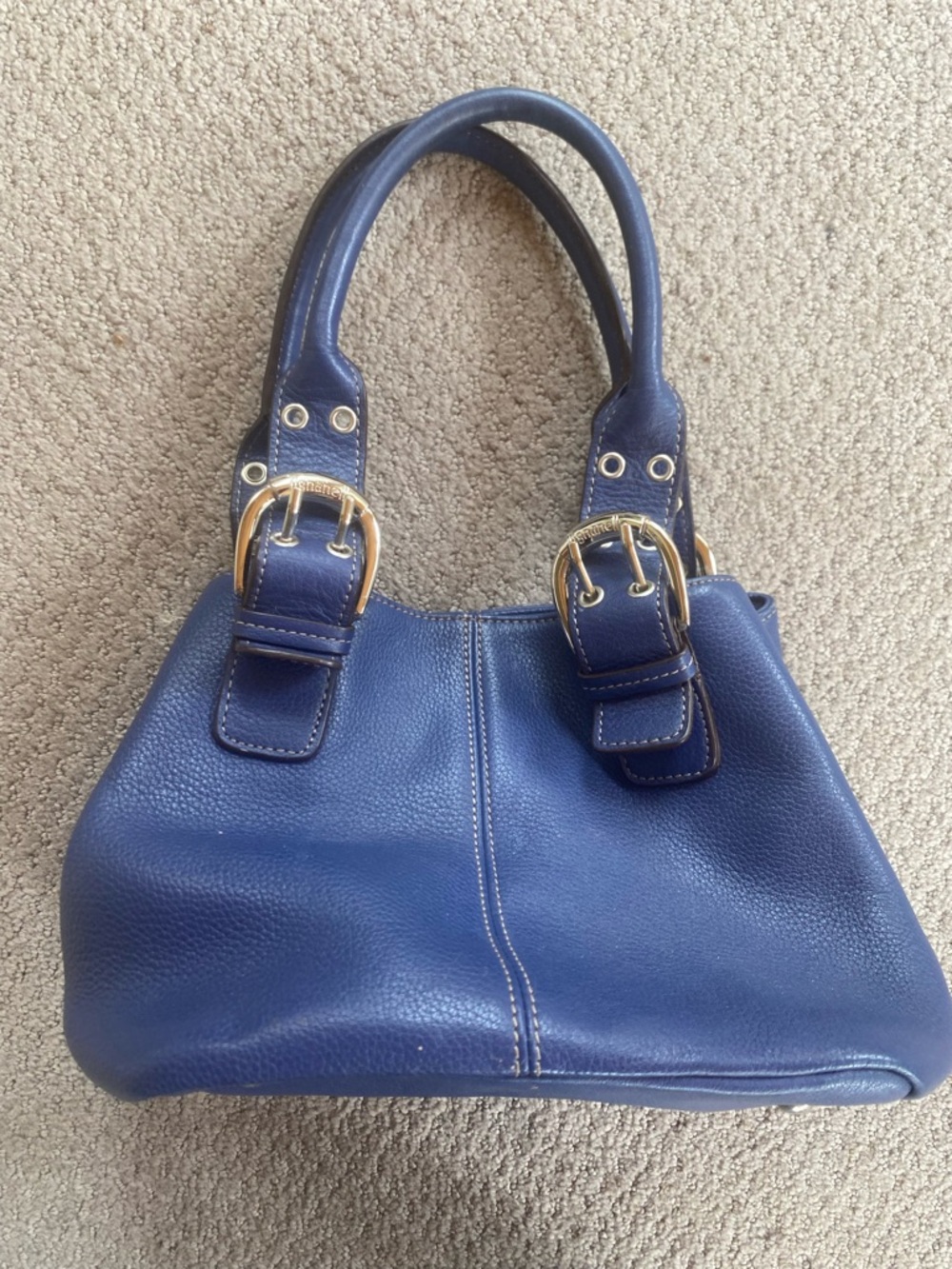Tignanello Navy Blue Leather Shoulder Bag with Silver Buckles